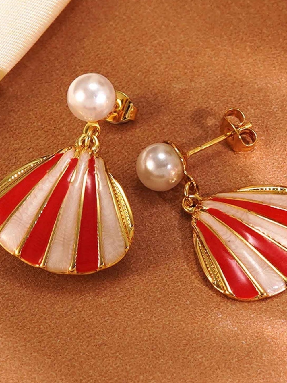 Anthropologie Gold Pearl Drop Earrings with Red & White Shell Fans